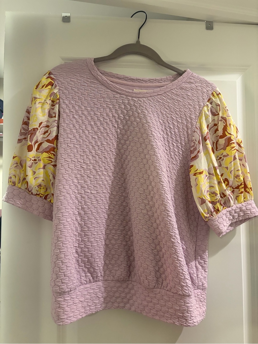 Porridge Puff-Sleeve Textured Sweatshirt with Floral Sleeves from Anthropologie